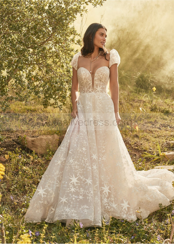 Ivory Star Lace Tulle Wedding Dress With Detachable Sleeves